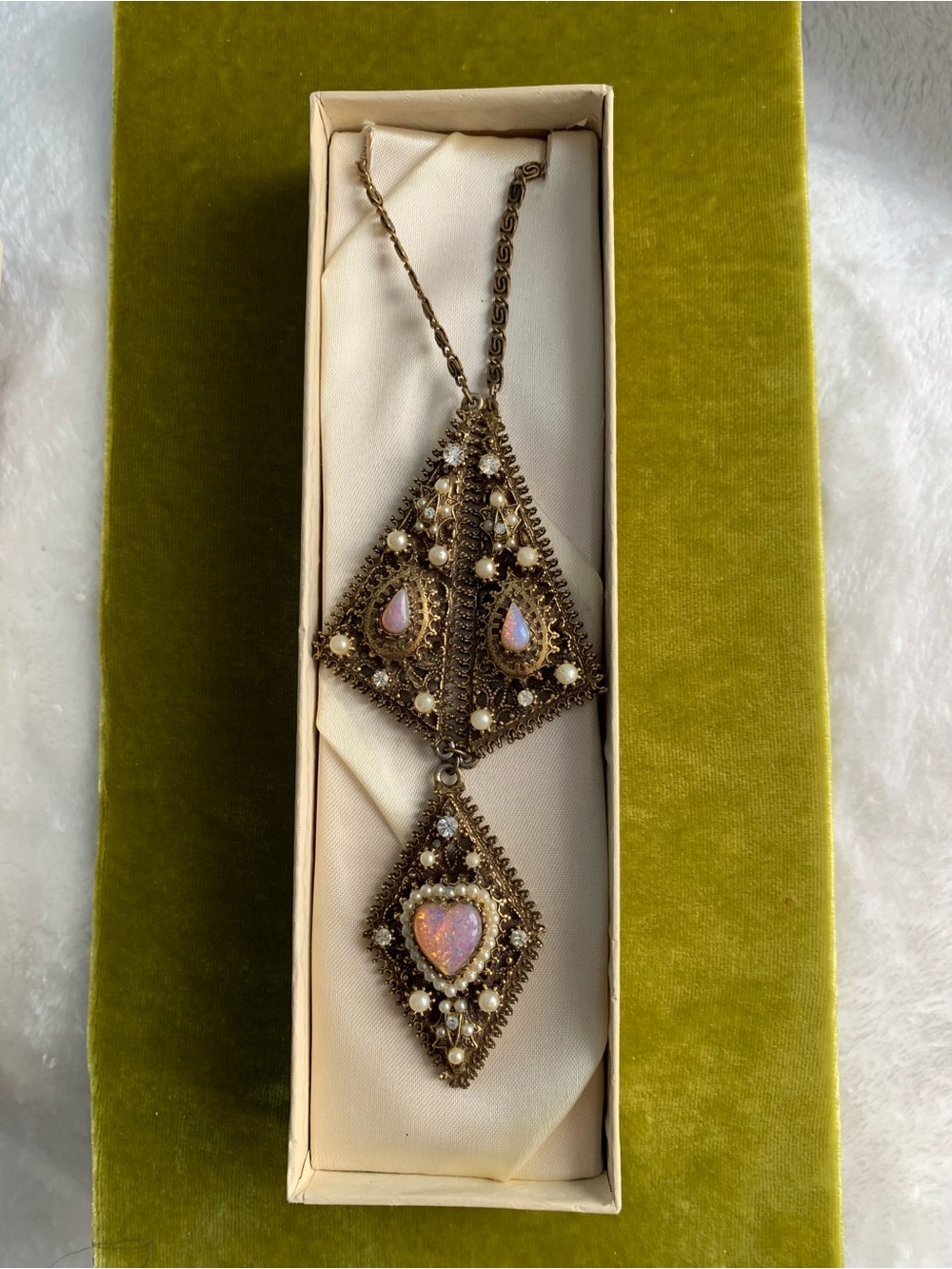 Rare Vintage Teena Trinket Gold Necklace with Pink Opal Heart & Teardrop Accent